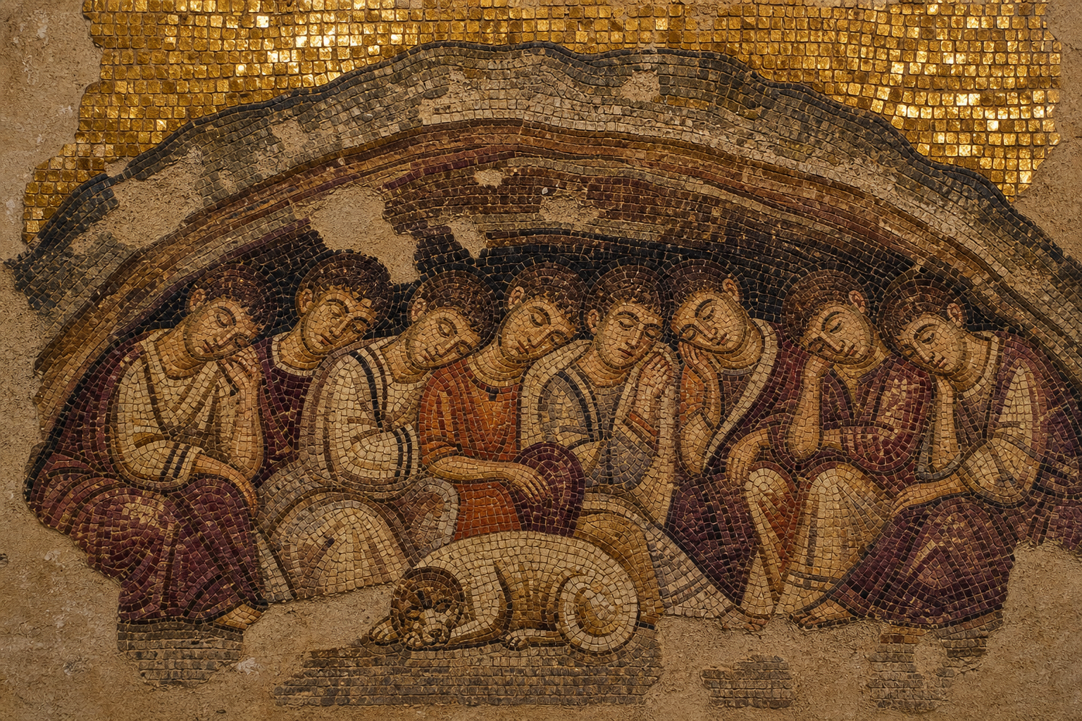 Byzantinisches Mosaik mit sieben schlafenden Gestalten unter einem Höhlenbogen und einem Hund zu ihren Füßen