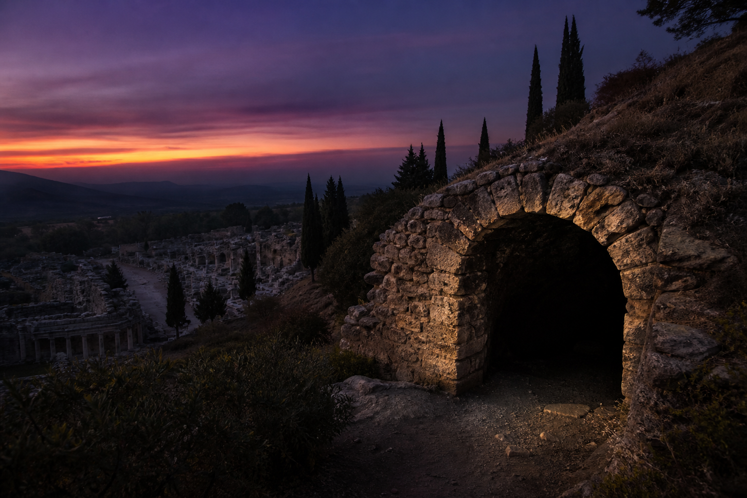 Steinerner Höhleneingang am Hang oberhalb der Ruinen von Ephesos in der Abenddämmerung